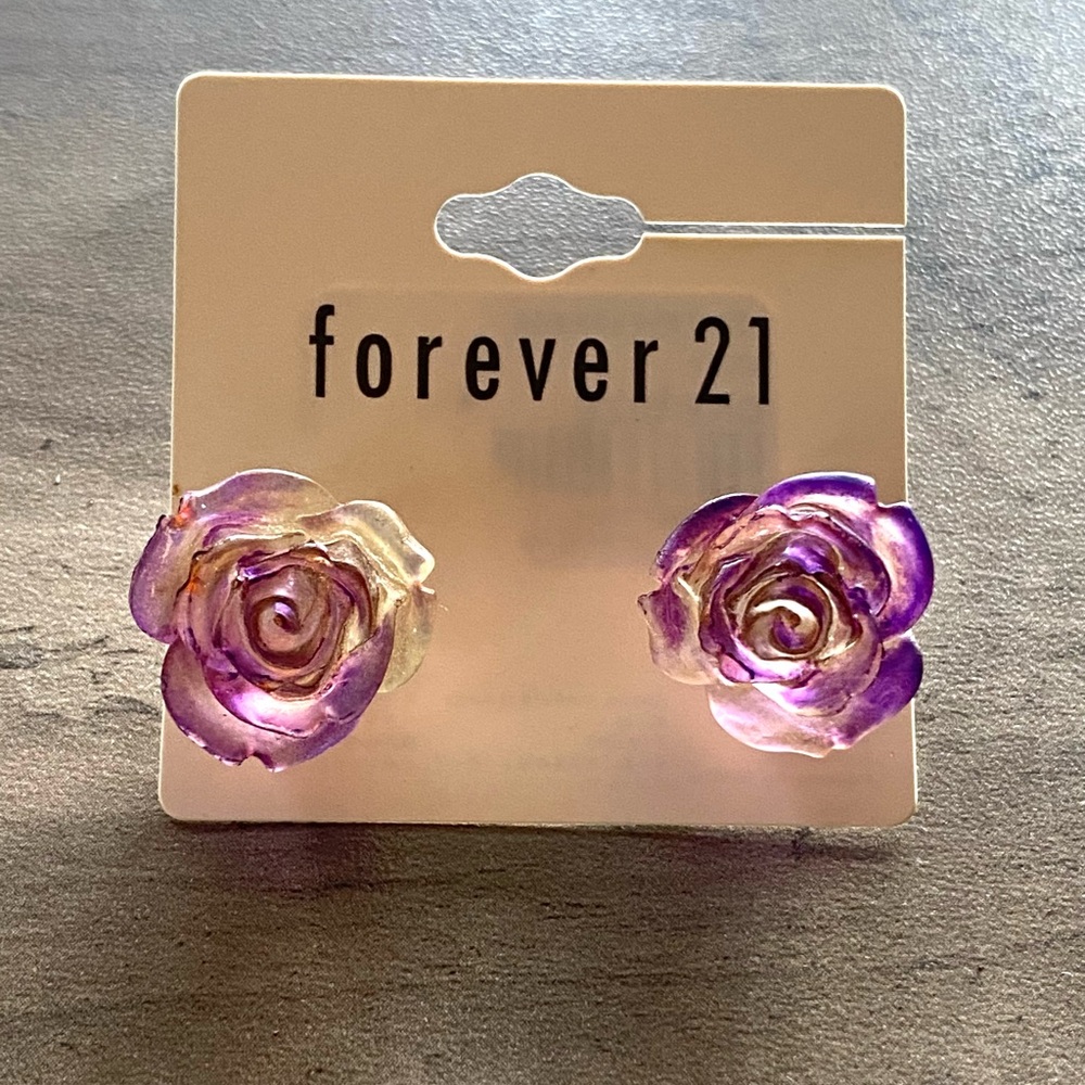Women’s Purple & Clear Rose Stud Earrings. Cute Floral Flower Earrings For Girls